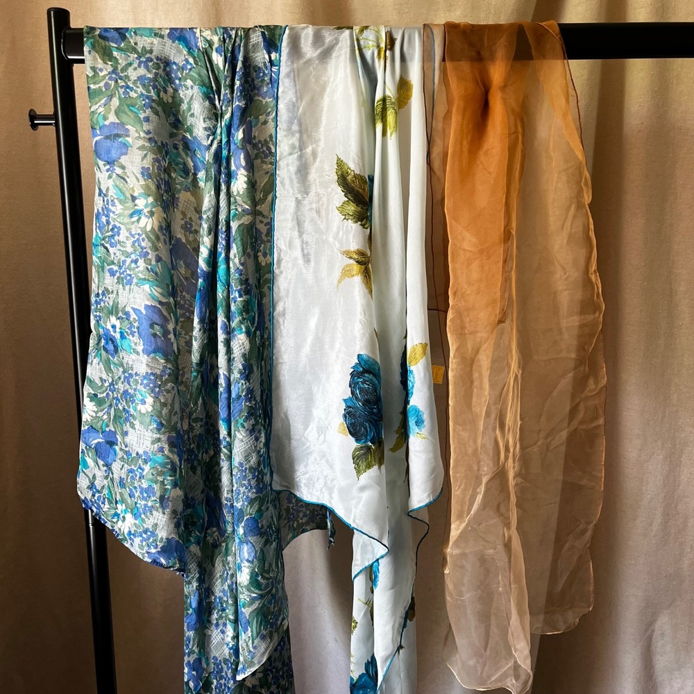 Vintage‎ Scarf Lot Blue Floral Roses Sheer Japan Rayon Scarves 3 Pc
